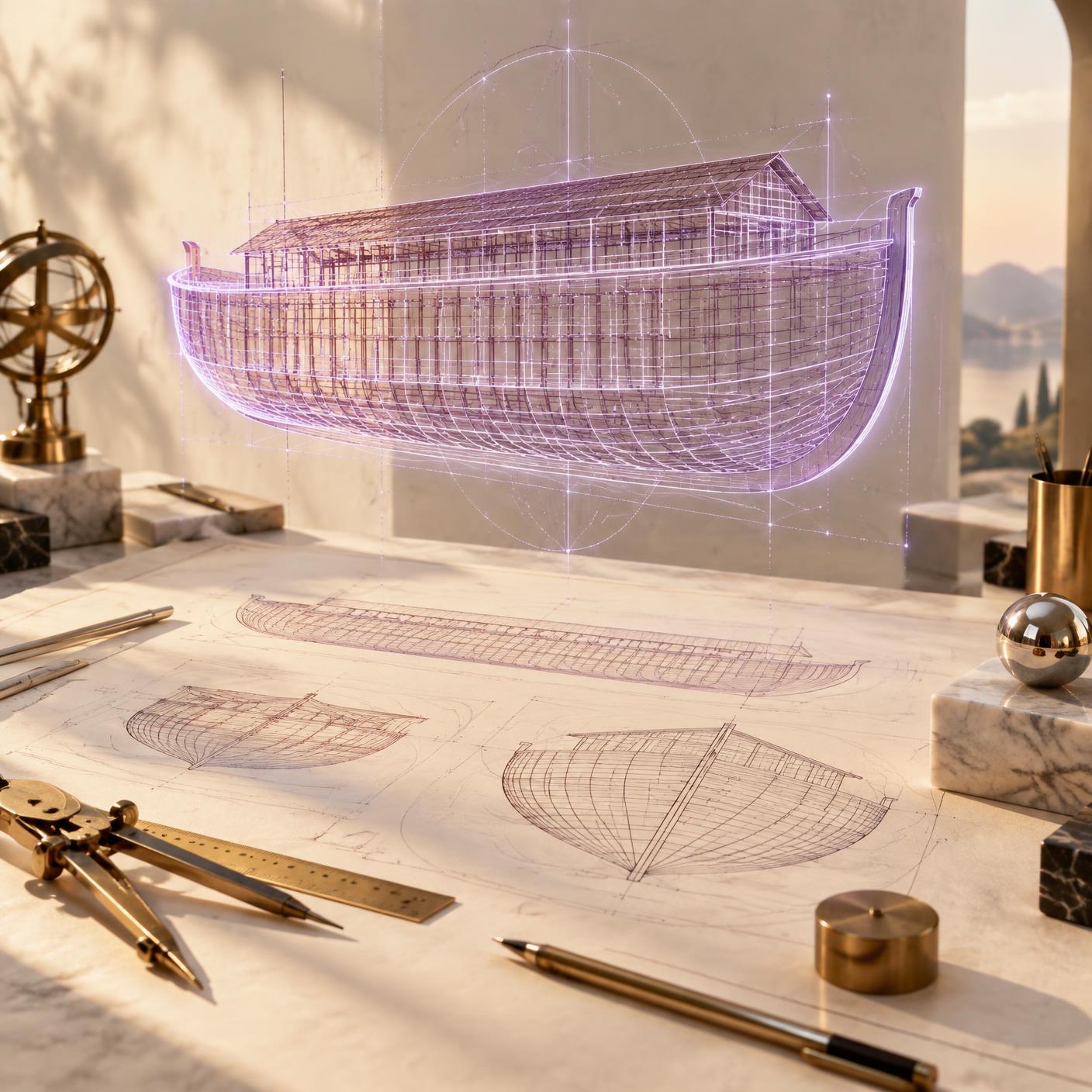 A glowing holographic blueprint of an ark above an architect's drafting table