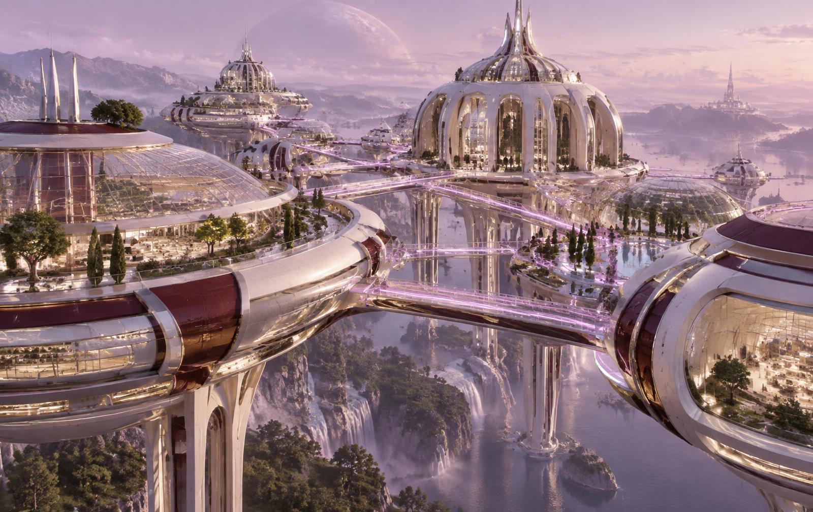 A connected city of luminous ark structures linked by glowing walkways