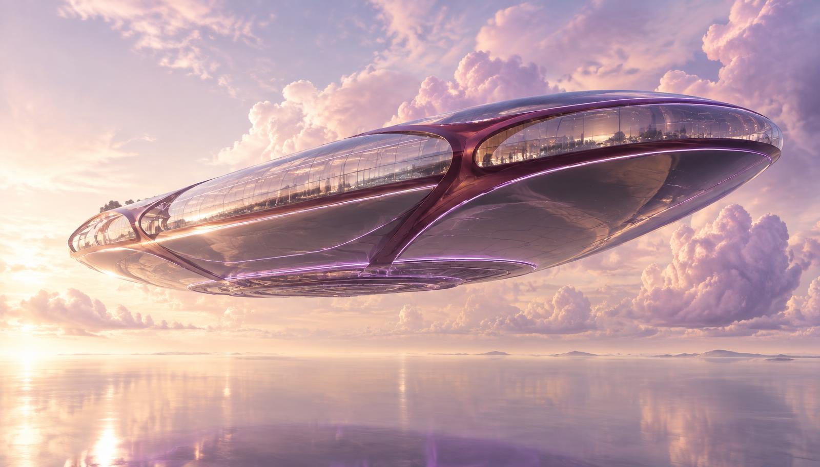 A finished luminous ark vessel in flight above a calm horizon