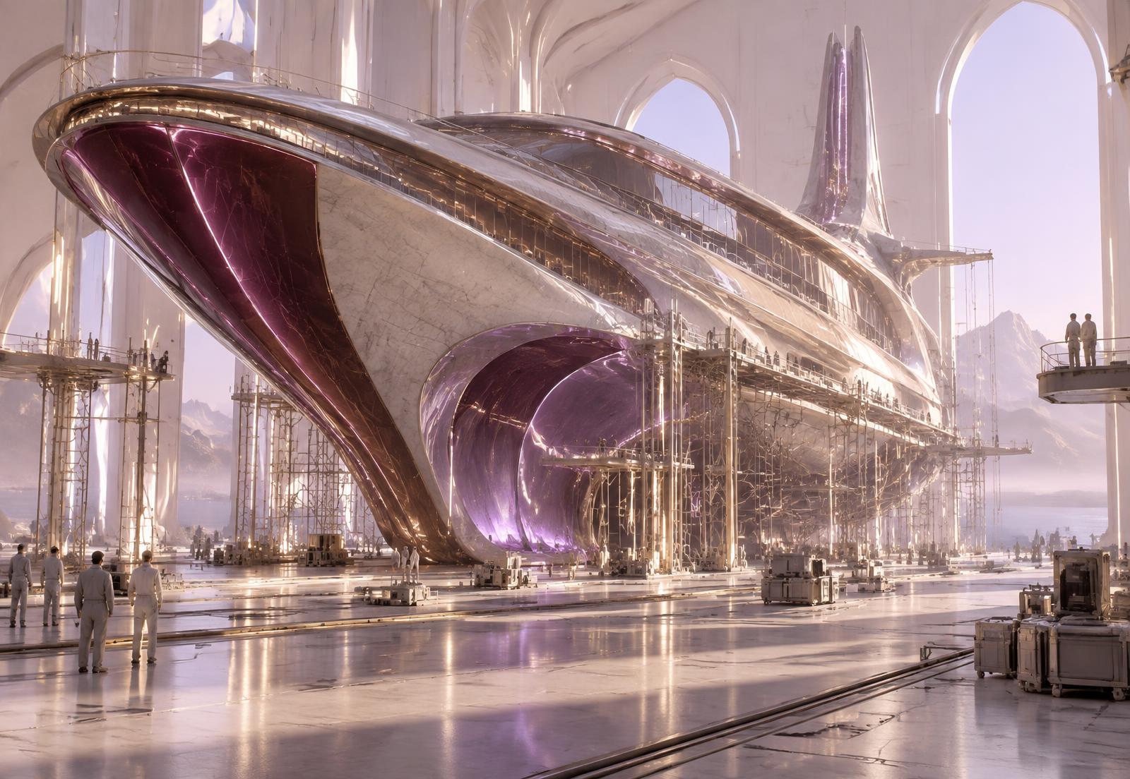 An ark kept under maintenance inside a bright hangar of light and scaffolding