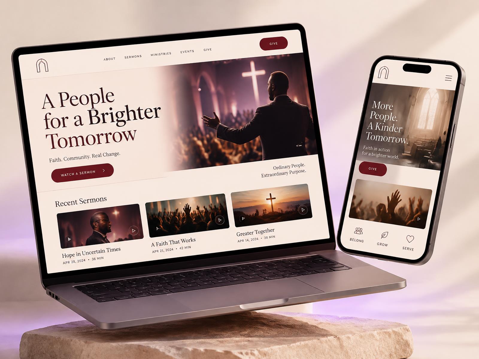 A custom church website built by ARKTEKT shown on a laptop and phone, with sermons and a give button